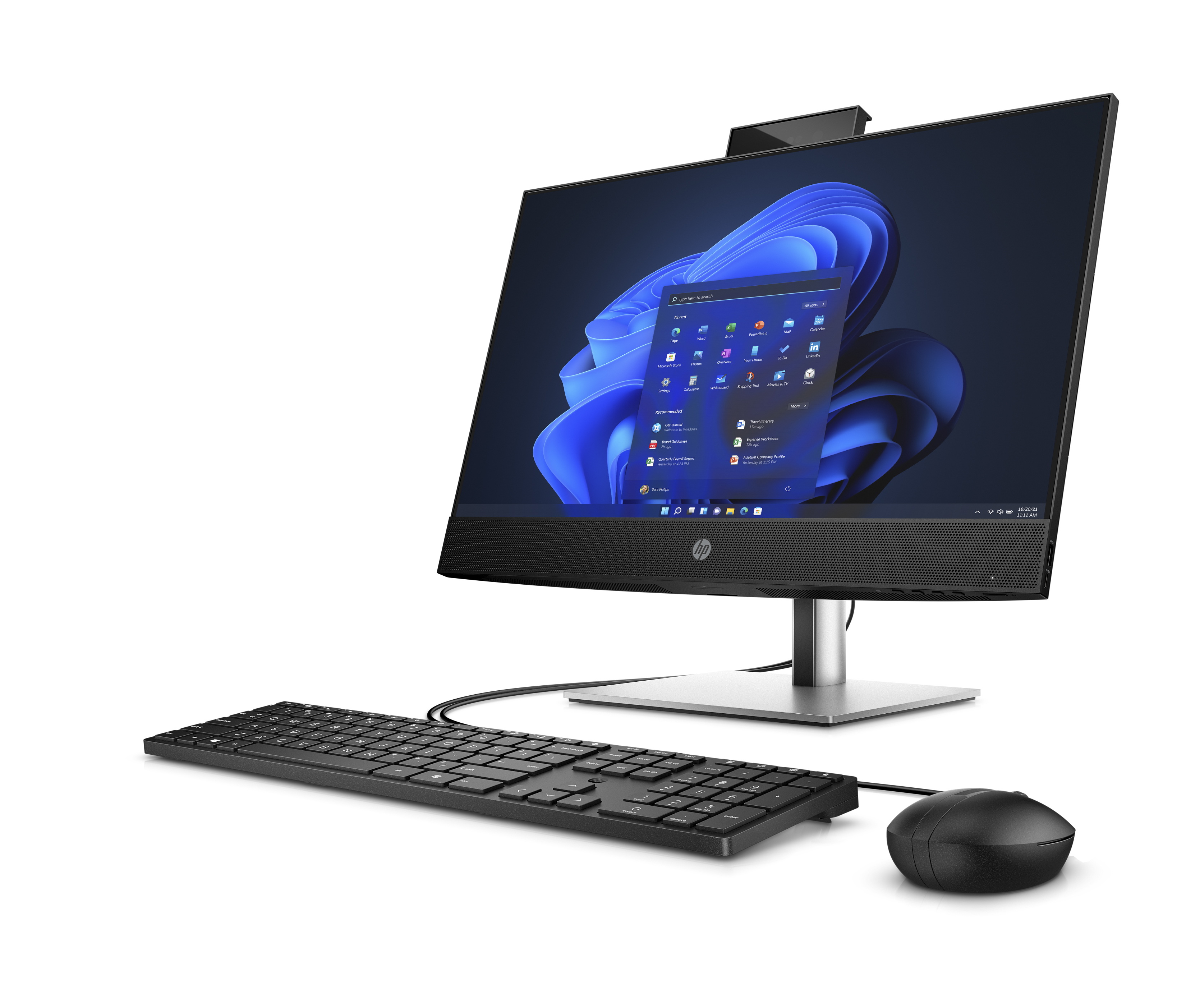 Komputer HP all-in-one z klawiaturą i myszą.