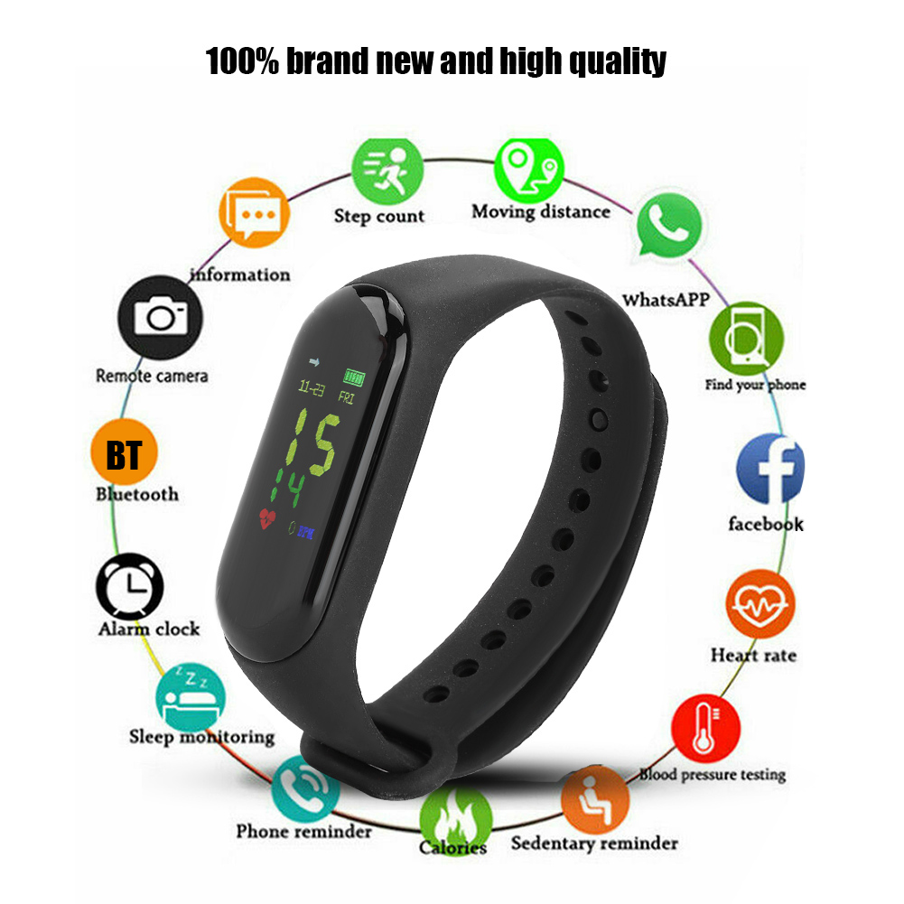 Schwarze Smartwatch mit Funktionssymbolen, darunter Herzfrequenz, Bluetooth und Fernkamera.