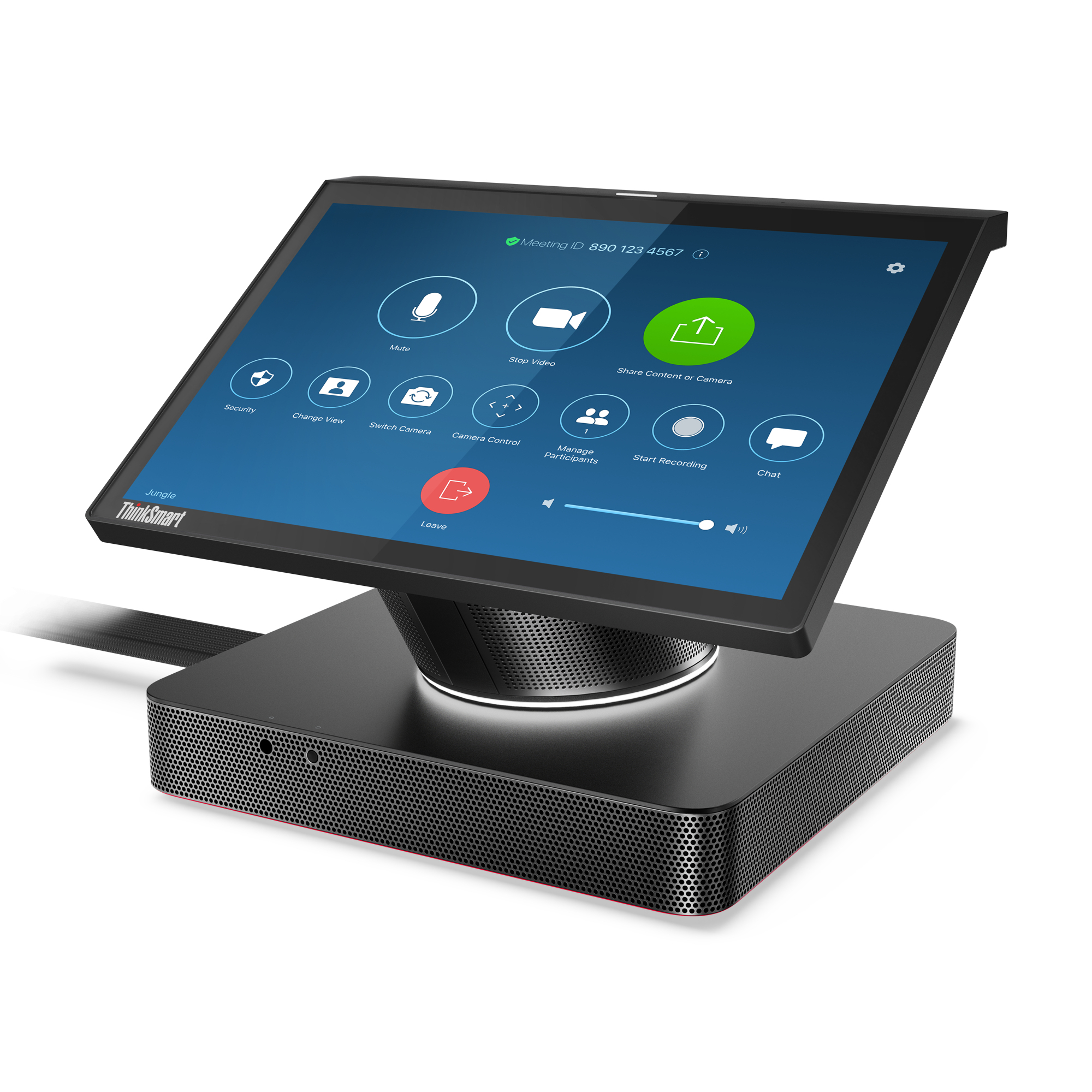 Ein schwarzes Lenovo-Gerät für den Besprechungsraum mit einem Bildschirm, der die Besprechungssteuerung anzeigt.