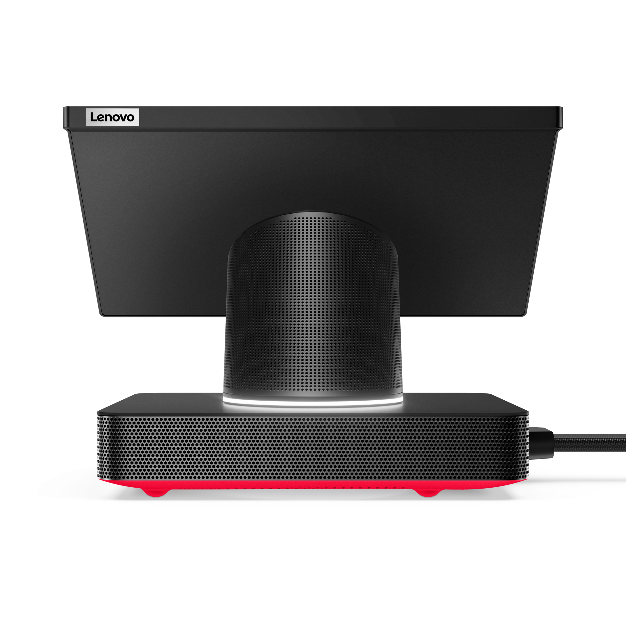 Schwarzes Lenovo-Gerät mit Bildschirm, Lautsprecher und rotem Sockel. Ein schwarzes Kabel ist angeschlossen.