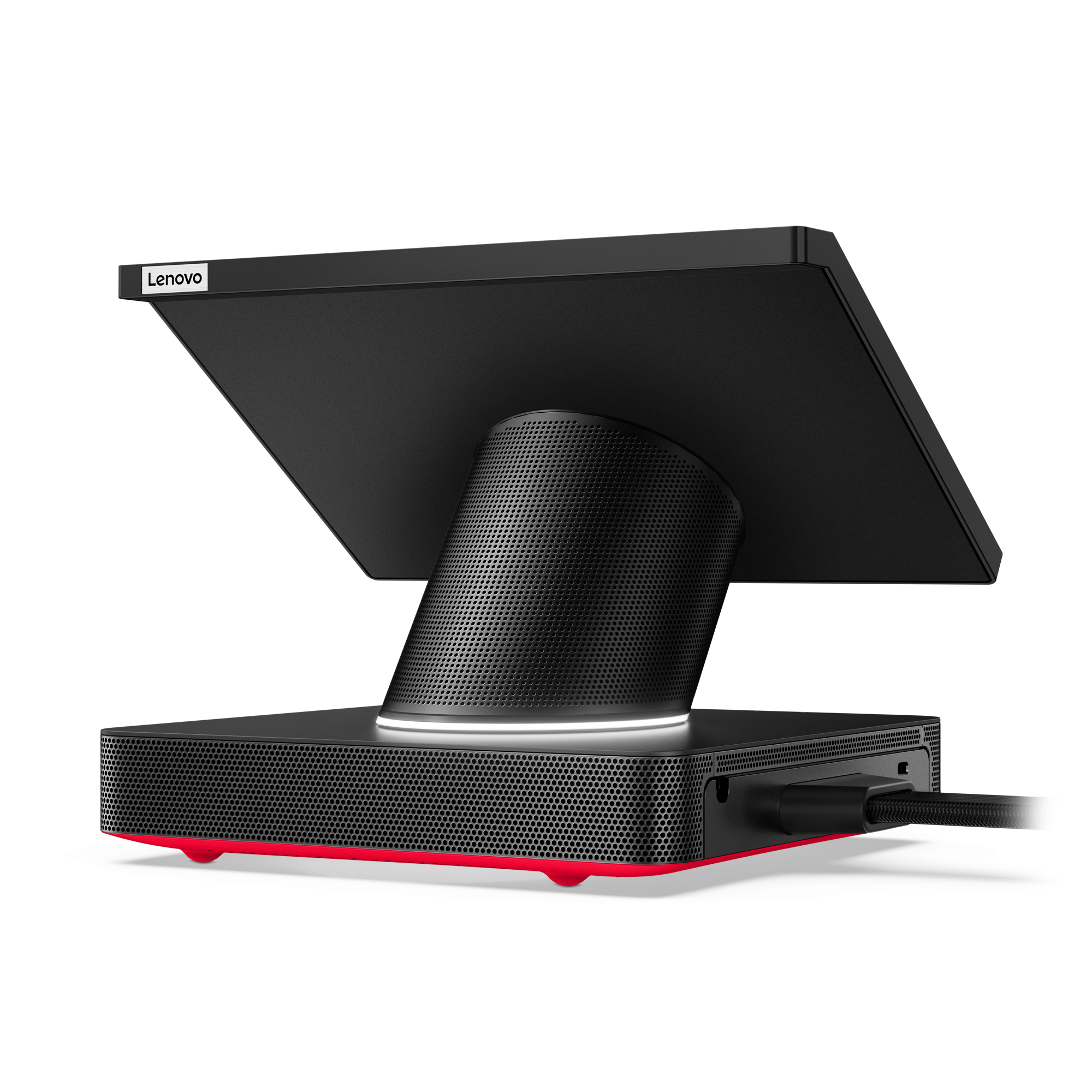 Schwarzes und rotes Lenovo Smart Display. Es hat einen Touchscreen.