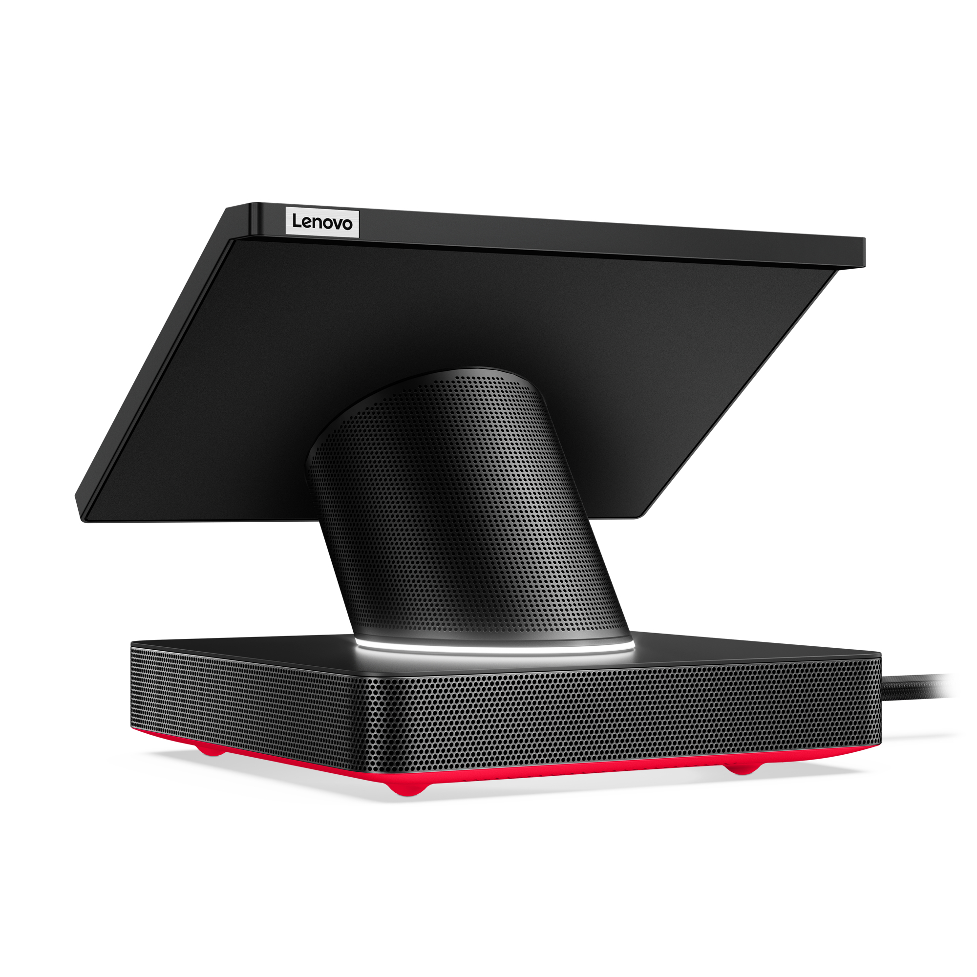 Lenovo Smart Display. Schwarzer Bildschirm und Lautsprecherbasis mit rotem Akzent unten.