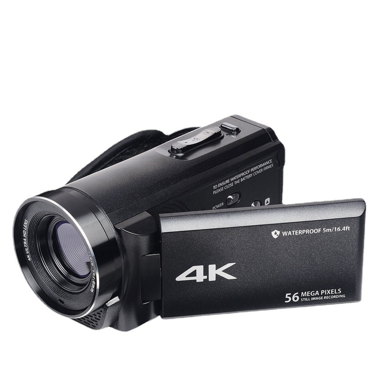 Schwarze Camcorder mit ausklappbarem Bildschirm und Objektiv. Weißer Hintergrund. Text: 4K 56 Megapixel.