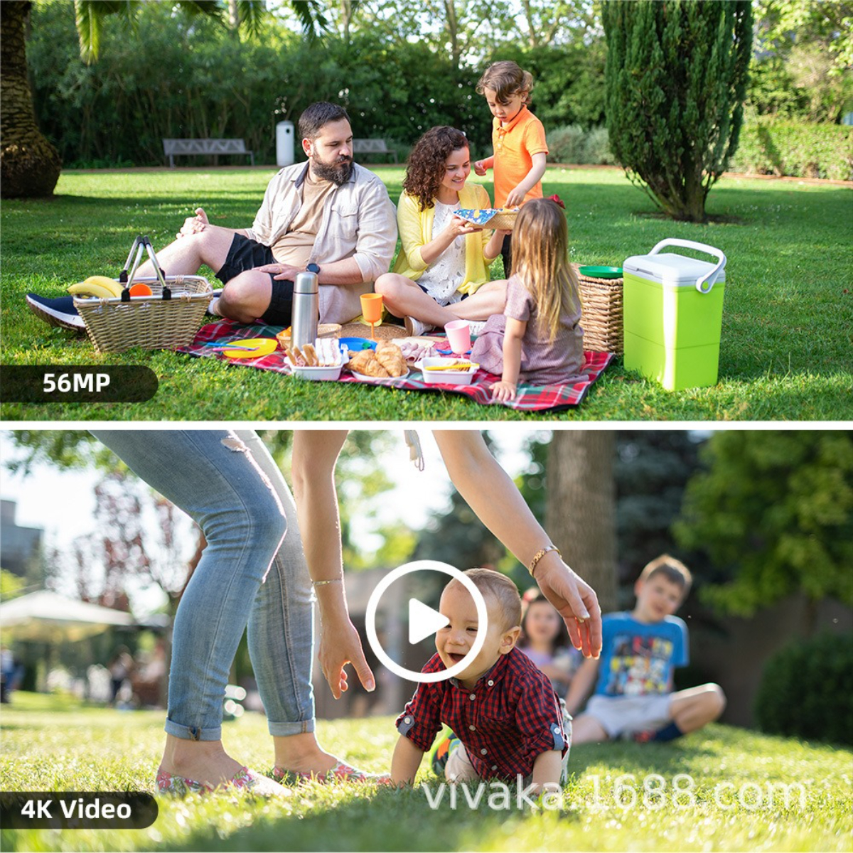Familienpicknick auf einer Wiese. Leute sitzen auf einer Decke, Kind spielt im Vordergrund.