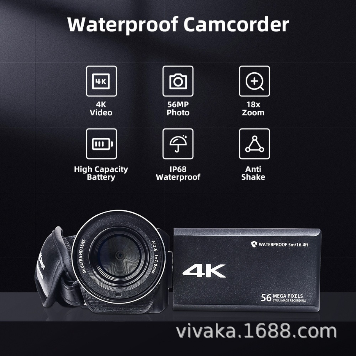 Wasserdichte Camcorder, schwarz, mit Symbolen für Video, Foto, Zoom, Akku, wasserdicht und Verwacklungsschutz.