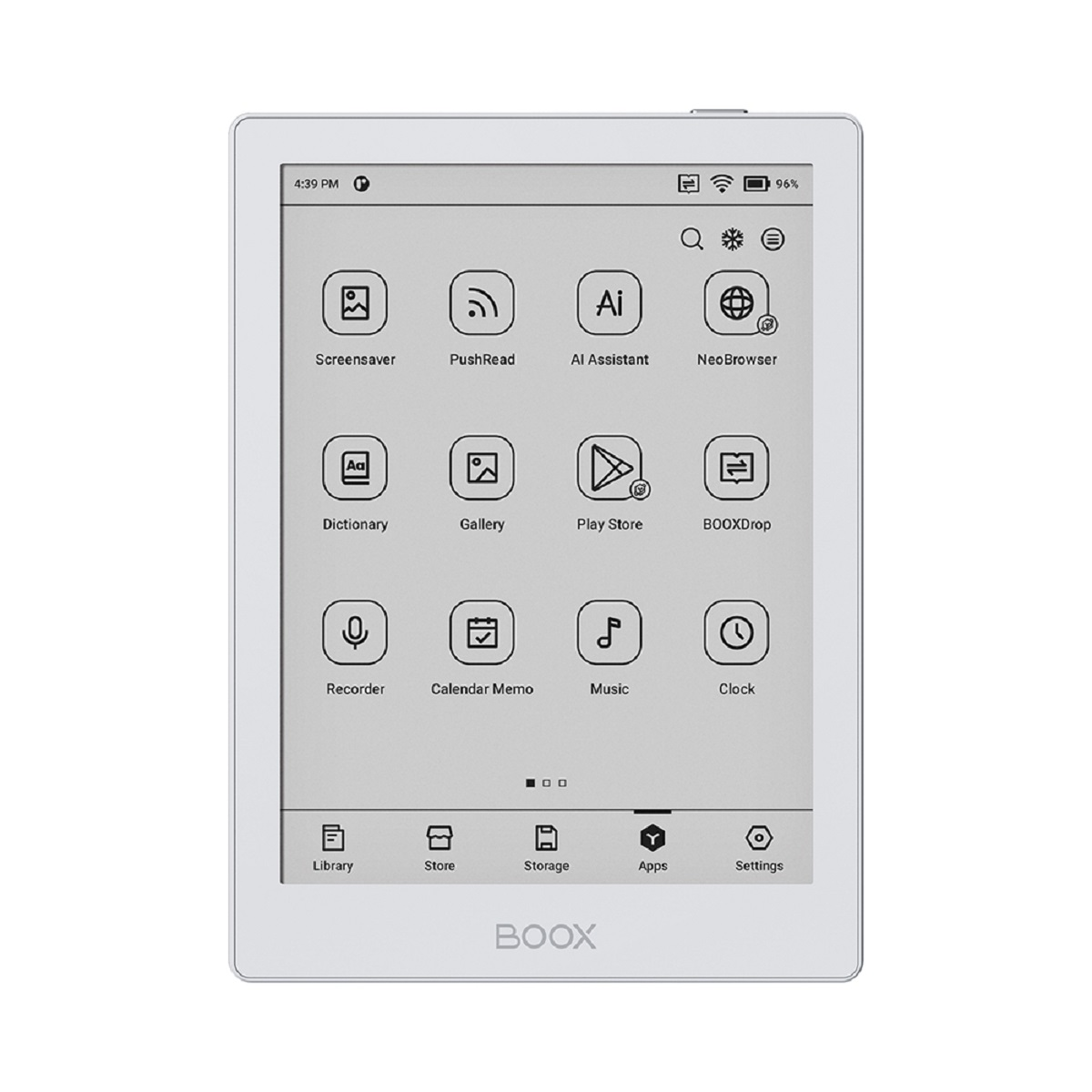 Witte e-reader met touchscreen met app-iconen. Op een wit oppervlak.