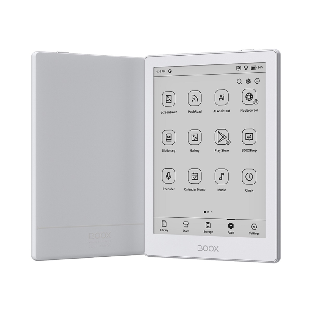 Een witte e-reader met touchscreen met app-iconen, naast een gesloten hoes.
