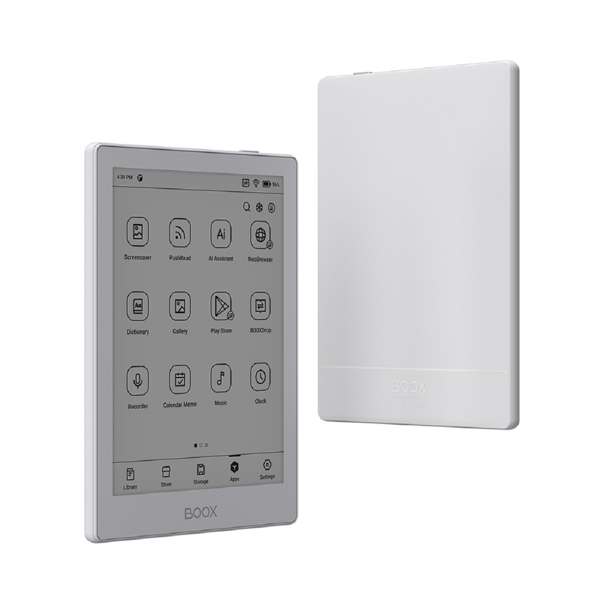 Witte BOOX e-reader links, met een scherm met iconen, en een andere rechts, geïsoleerd.