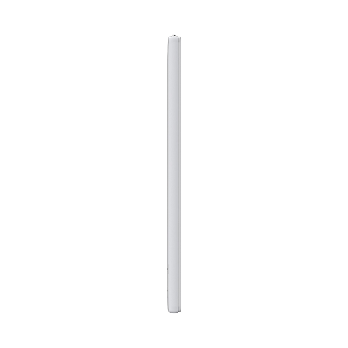 Een zilveren, slanke tablet, verticaal staand op een witte achtergrond.