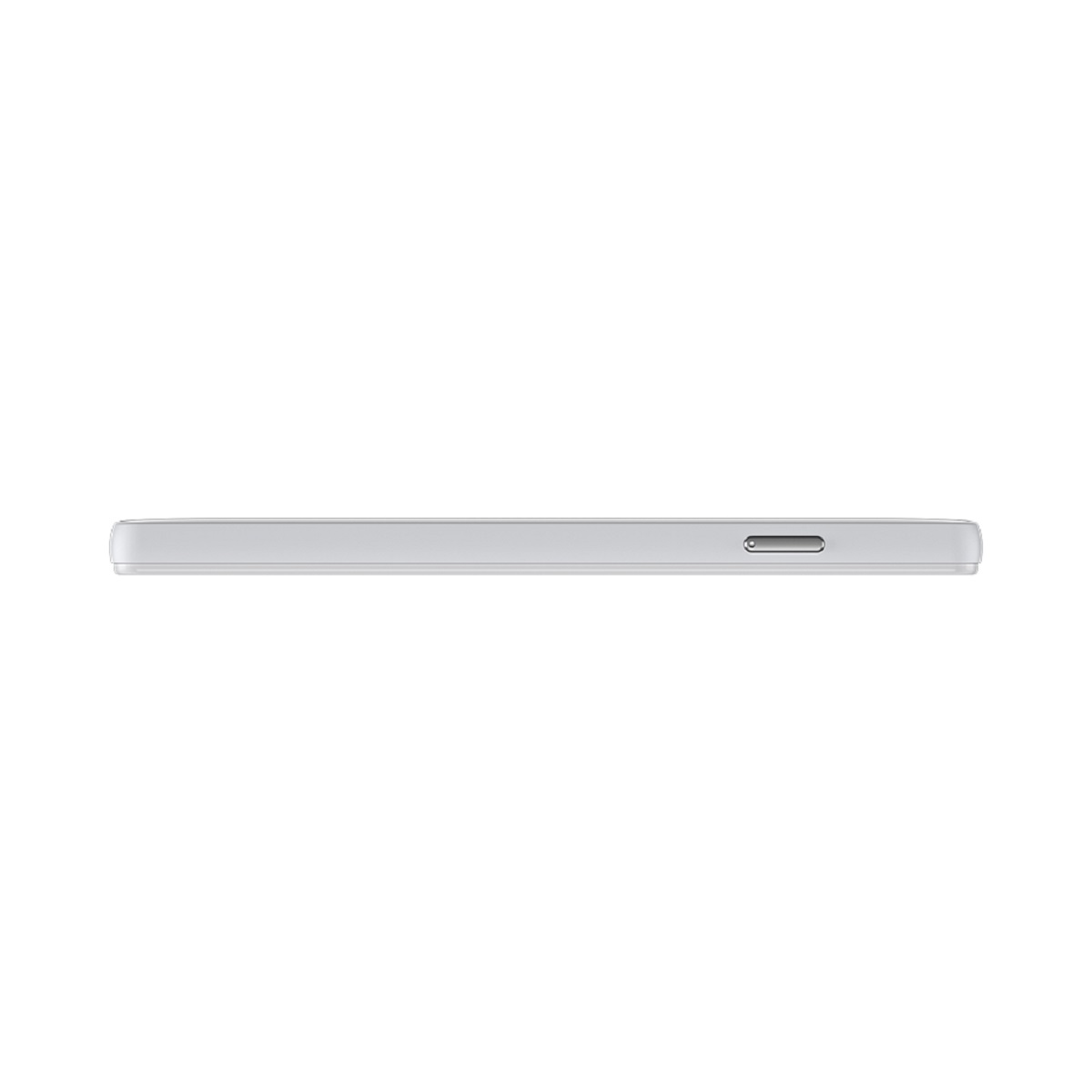 Een dunne, zilverkleurige smartphone. De zijkant toont een knop en een poort.