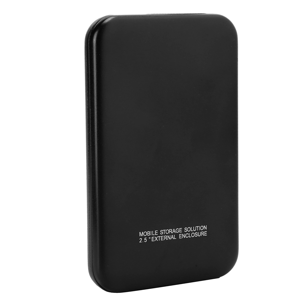 Schwarzes externes Festplattengehäuse. Aufschrift: Mobile Storage Solution 2.5" External Enclosure.
