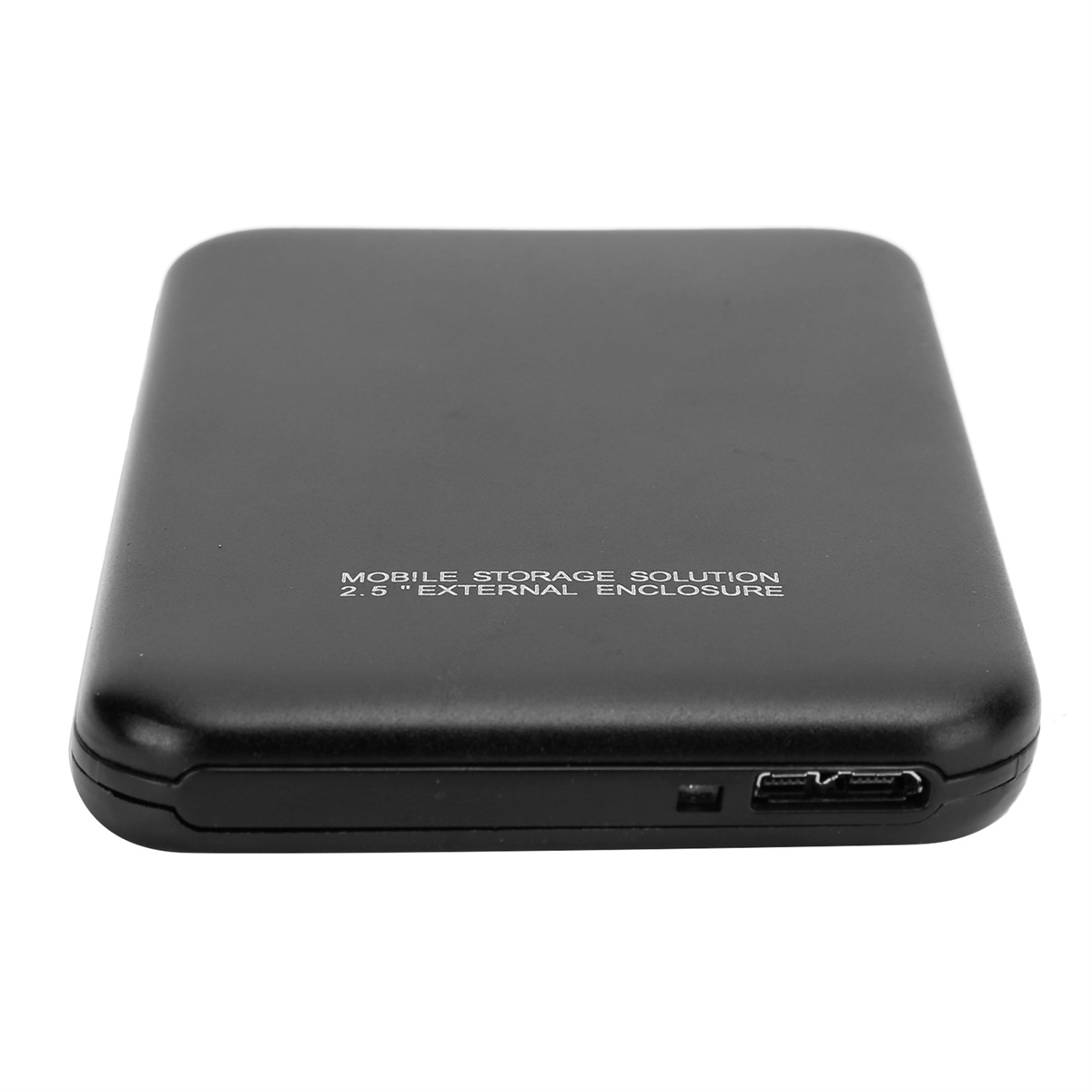 Ein schwarzes externes Festplattengehäuse mit dem Text: 'MOBILE STORAGE SOLUTION 2.5" EXTERNAL ENCLOSURE'.