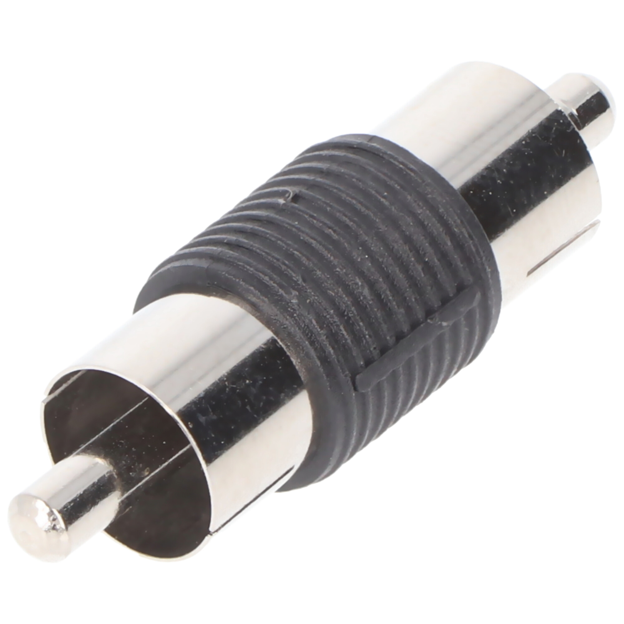 Srebrny i czarny adapter RCA. Ma cylindryczny kształt z czarnym uchwytem.