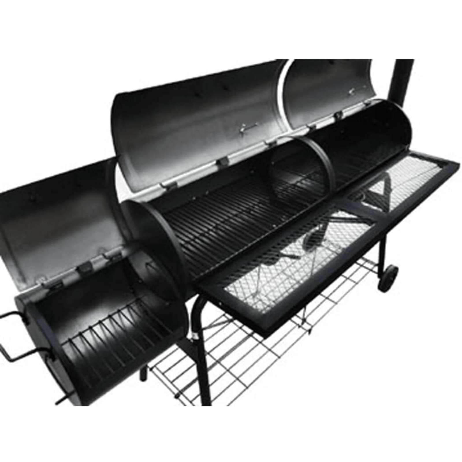 Schwarzer Grill mit Smoker, mit offenen Deckeln und Metallrost im Inneren.