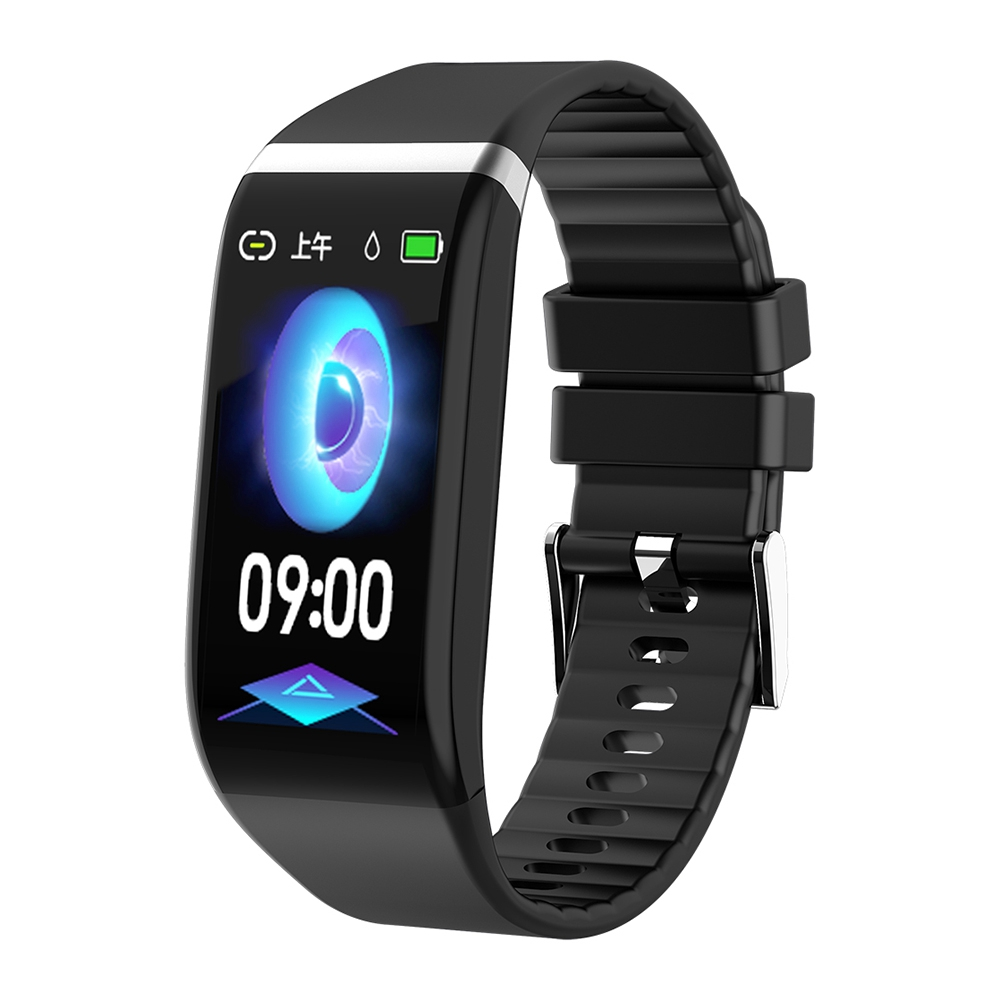 Schwarze Smartwatch mit einem Bildschirm, der Zeit und ein kreisförmiges Design anzeigt.