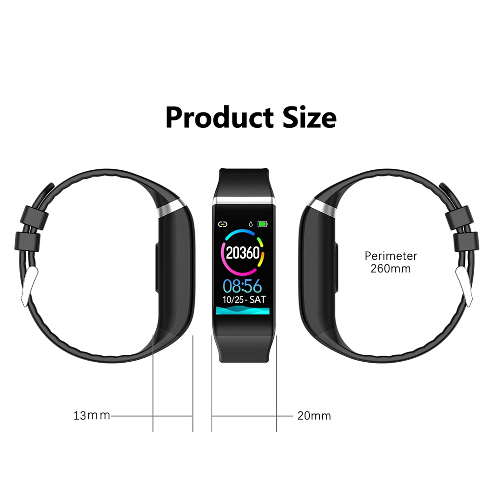Schwarzer Fitnesstracker mit Datendisplay und Maßangaben. Zwei Armbänder werden gezeigt.