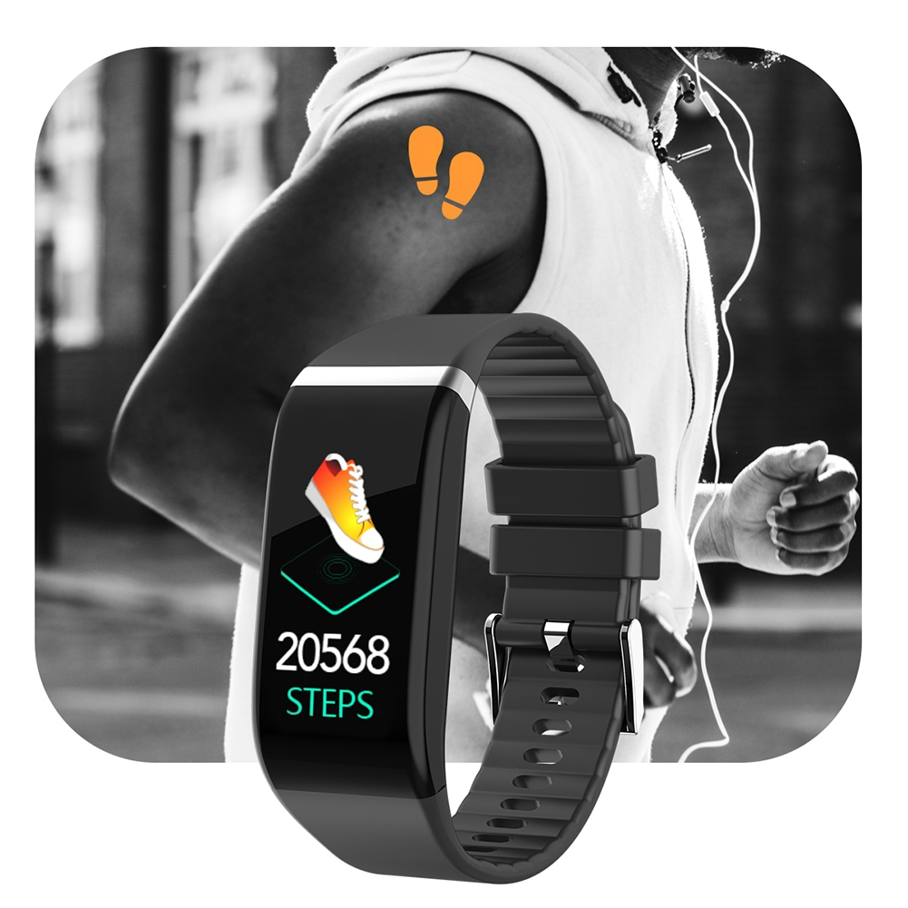 Schwarzer Fitnesstracker am Handgelenk. Eine Person rennt. Das Gerät zeigt Schritte und einen Schuh.