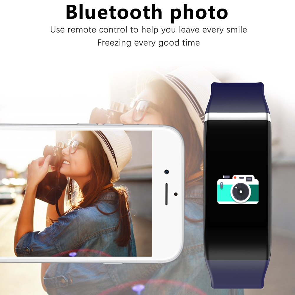 Eine Frau macht ein Foto mit einem Telefon und einer Smartwatch. Die Uhr zeigt ein Kamerasymbol auf dem Bildschirm.