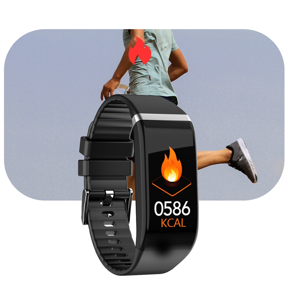 Eine schwarze Fitness-Tracker-Uhr, die verbrannte Kalorien neben einer laufenden Person anzeigt.