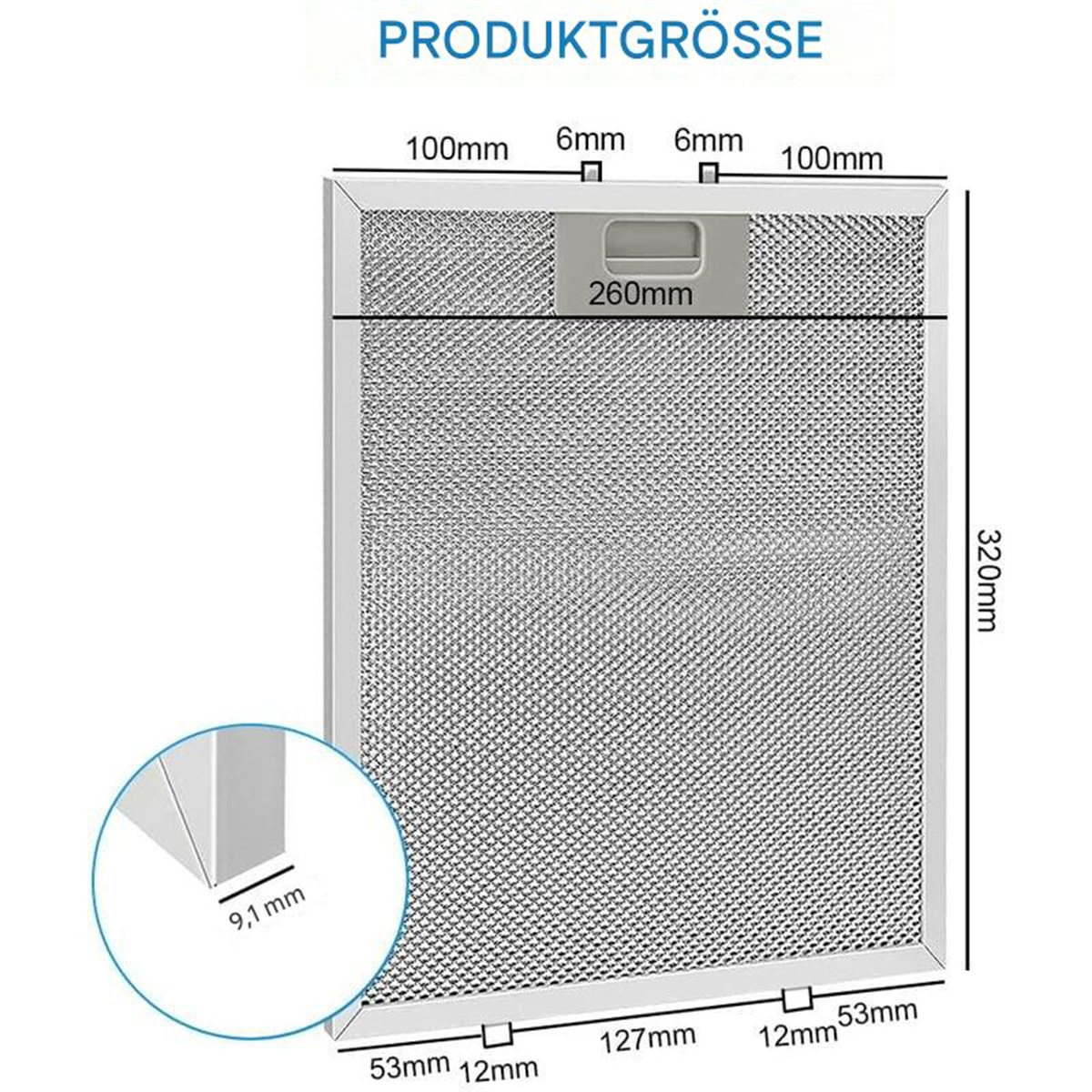 Diagramm einer Dunstabzugshaube mit Abmessungen in mm.