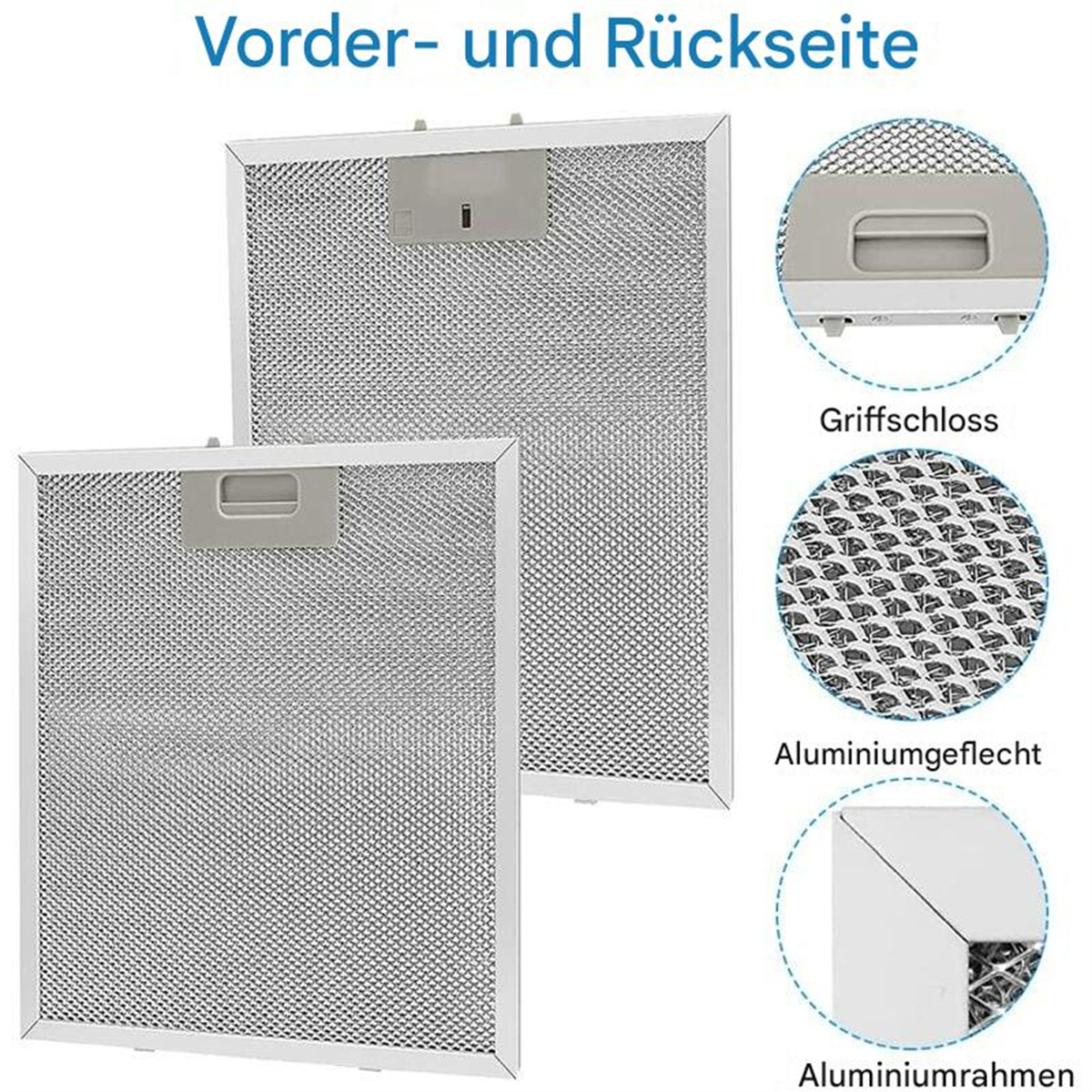 Zwei Luftfilterplatten mit Details in Kreisen, darunter Aluminiumrahmen und -gewebe.