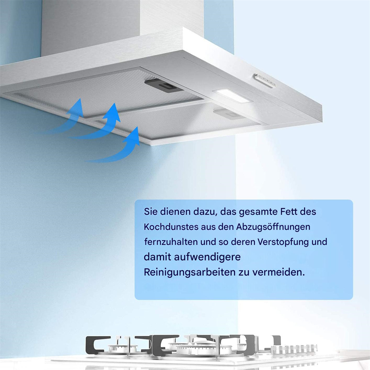 Eine Dunstabzugshaube mit Pfeilen, die den Luftstrom anzeigen, und einem Textfeld.