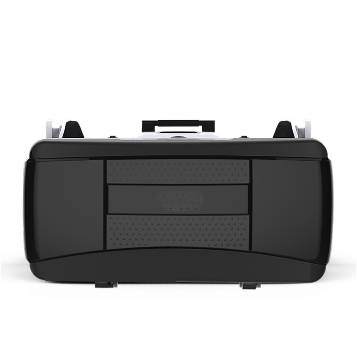 Schwarzes VR-Headset mit gebogener Front und verstellbaren Riemen, isoliert auf weißem Hintergrund.