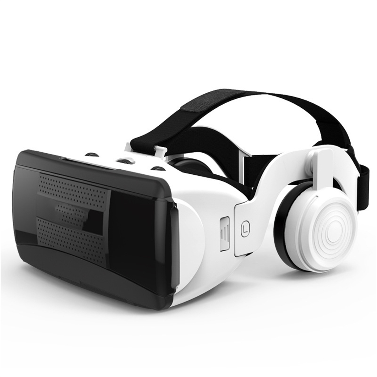 Ein weißes und schwarzes VR-Headset mit Kopfhörern. Es liegt auf einer weißen Oberfläche mit Schatten.
