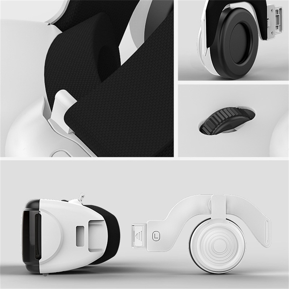Weißes VR-Headset mit schwarzen Teilen. Abgetrennt, zeigt das Innere und die Bedienelemente. Weißer Hintergrund.