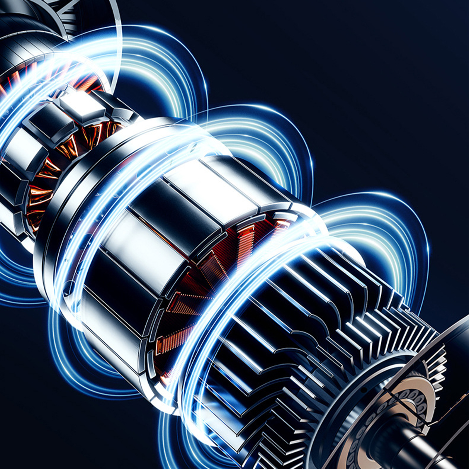 Nahaufnahme eines Metallmotors mit hellblauen Energieringen.