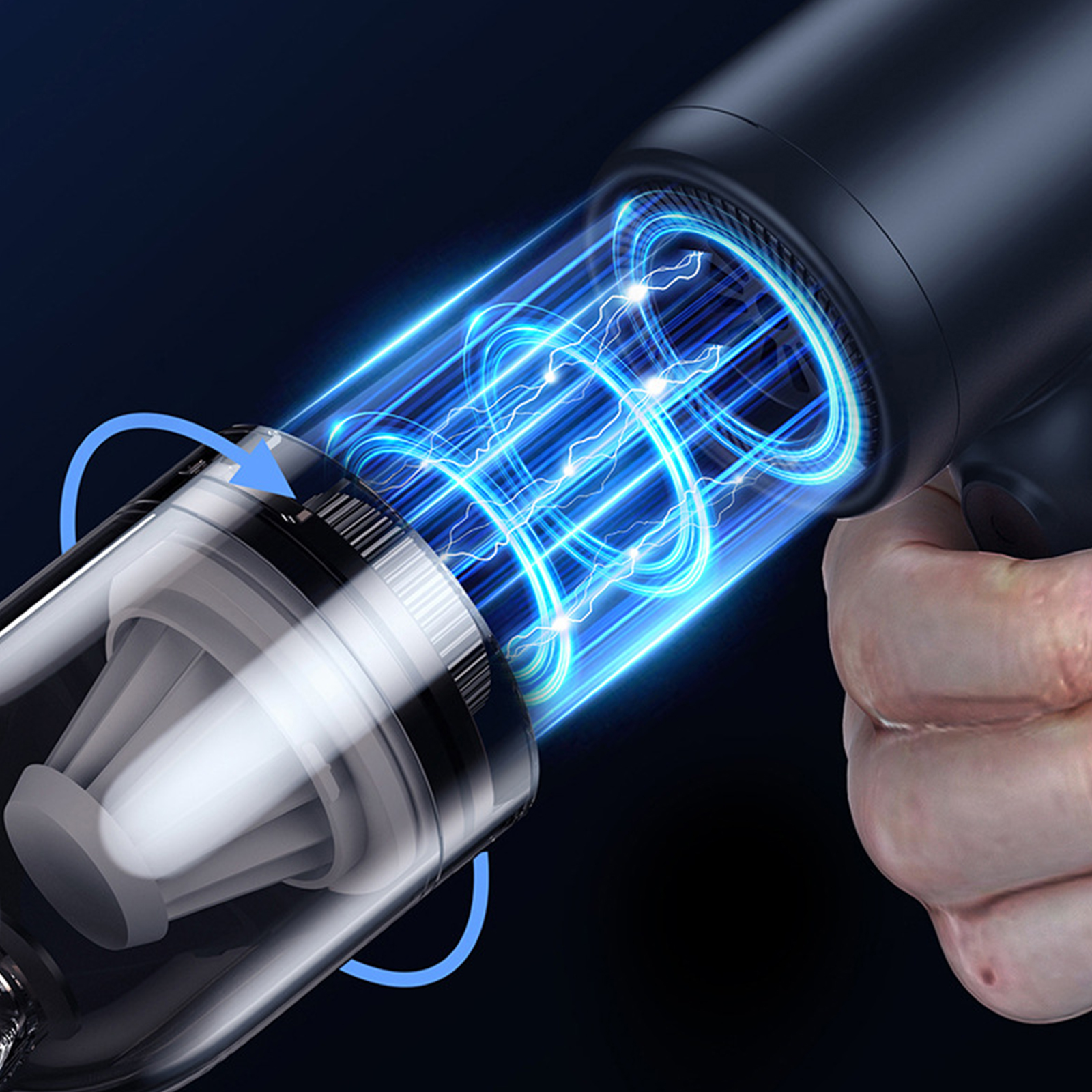 Hand, die einen Staubsauger hält. Das blaue Licht zeigt die Saugkraft. Transparenter Behälter.