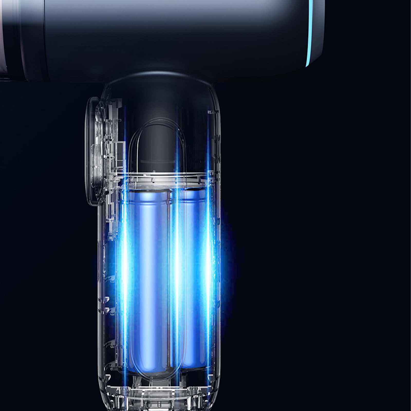 Innenansicht eines Geräts mit zwei blauen Batterien und blauer Beleuchtung.