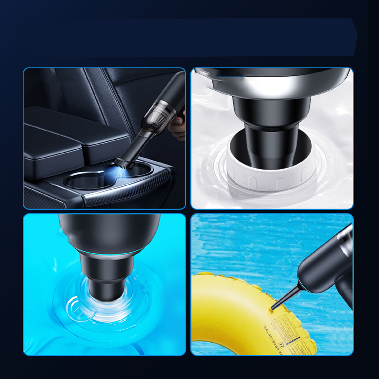 Vier Bilder. Staubsaugen im Auto, Aufblasen eines Poolschwimmers mit einer Pumpe, und zwei weitere Aktionen.