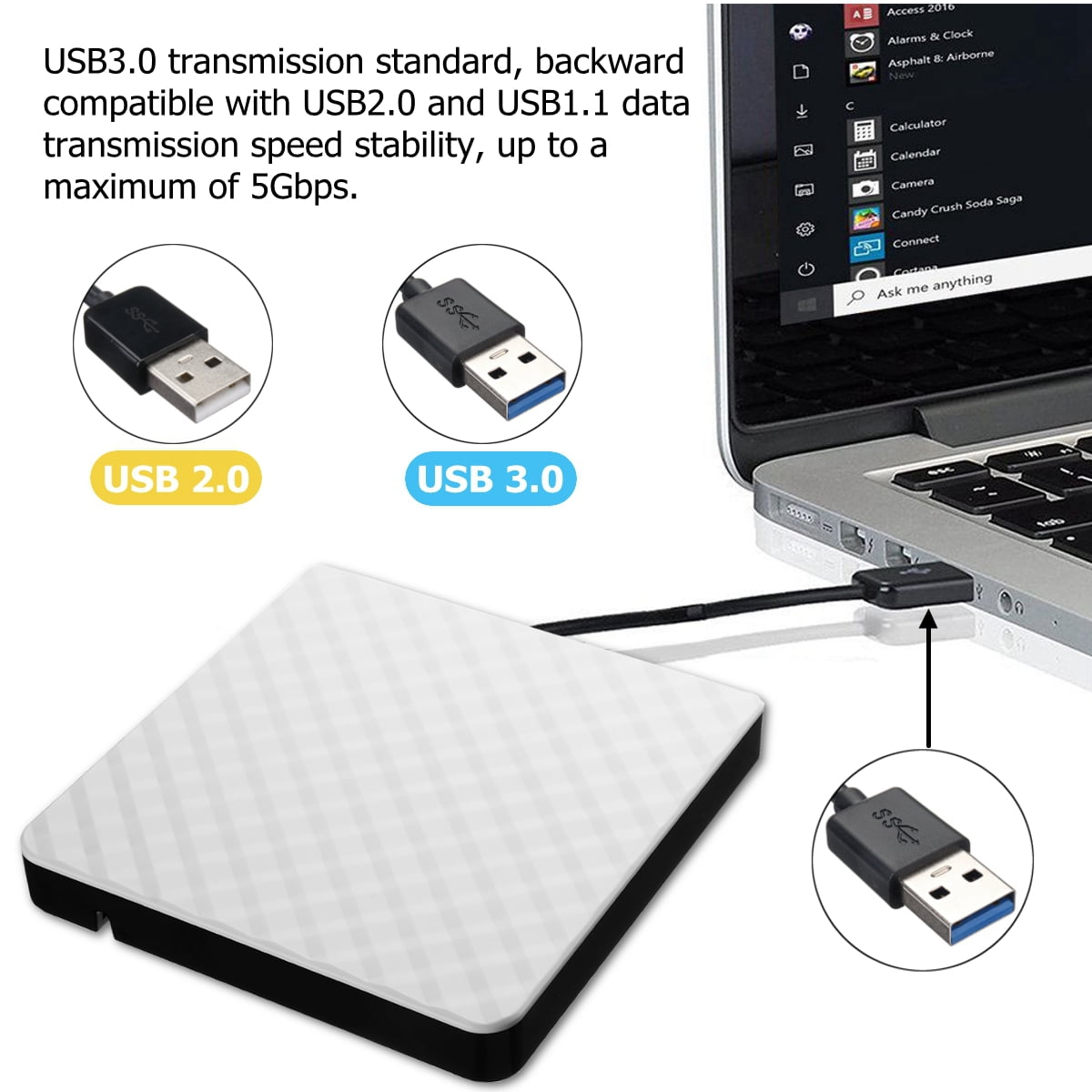 Eine externe USB 3.0 Festplatte mit USB 2.0 und 3.0 Anschlüssen.