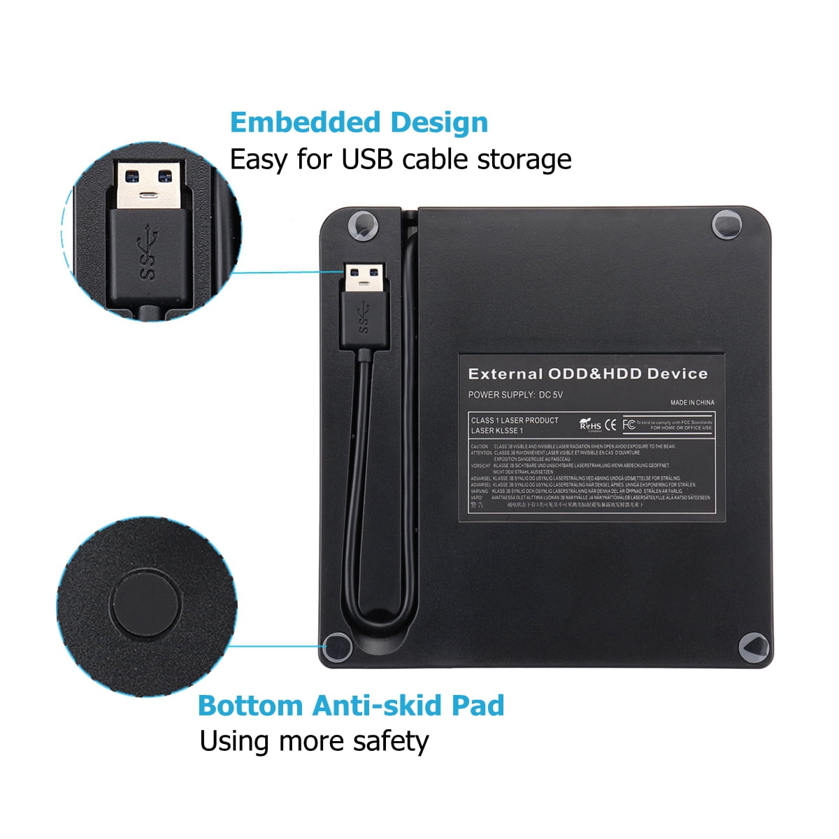 Schwarzes externes ODD- und HDD-Gerät mit USB-Kabelaufbewahrung, Anti-Rutsch-Pad.