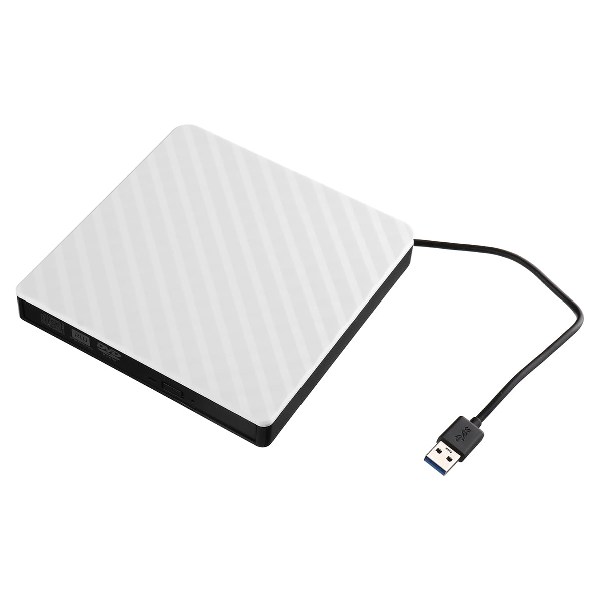 Ein weißes DVD-Laufwerk mit schwarzem Rand und ein schwarzes USB-Kabel.