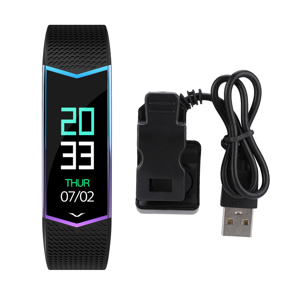 Schwarzer Fitnesstracker mit Display, Ladegerät und Ladeclip.