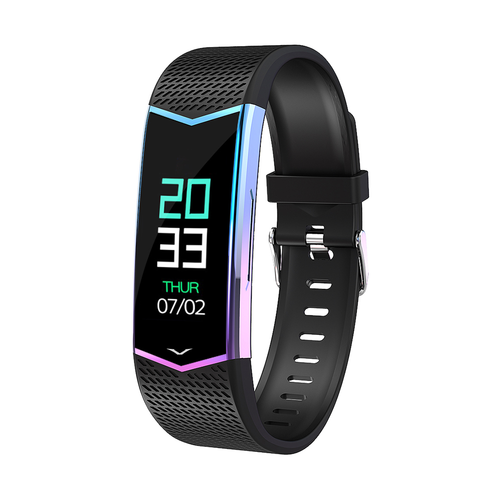 Schwarze Smartwatch mit farbenfrohem Display, das die Zeit anzeigt. Schwarzes Armband. Weißer Hintergrund.