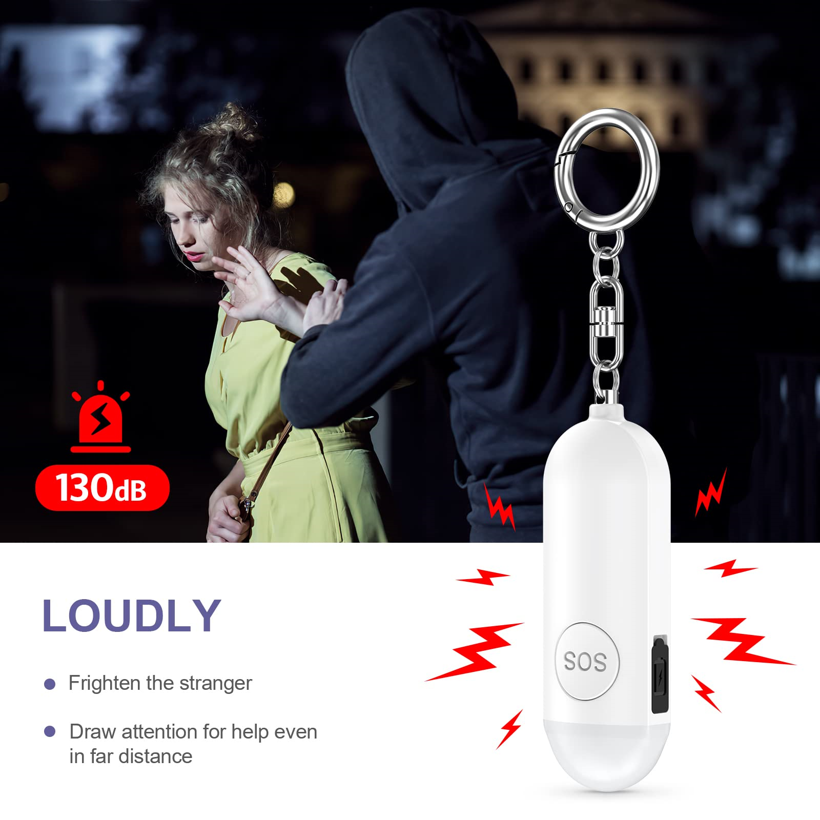 Eine Frau wird von einem Mann angesprochen. Ein weißer Alarm wird mit einer SOS-Taste gezeigt.