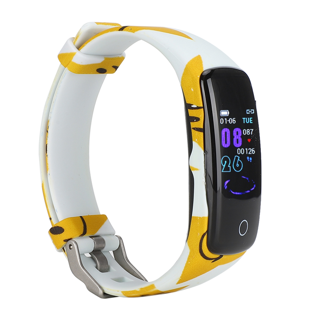 Smartwatch mit gelb-weißem Armband, schwarzer Bildschirm zeigt Zeit und andere Infos.