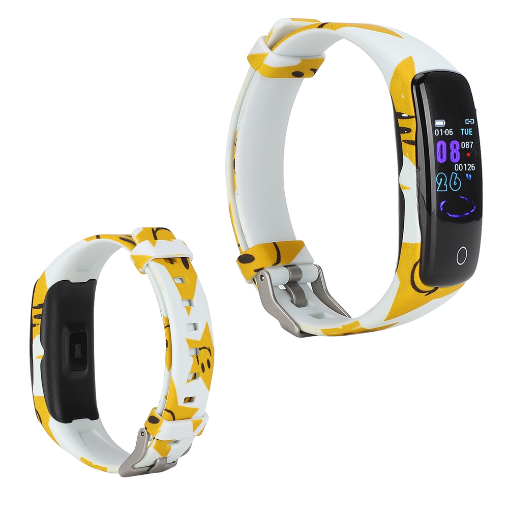 Zwei Smartwatches mit gelb-weißen Armbändern, die einen Bildschirm mit Daten anzeigen.