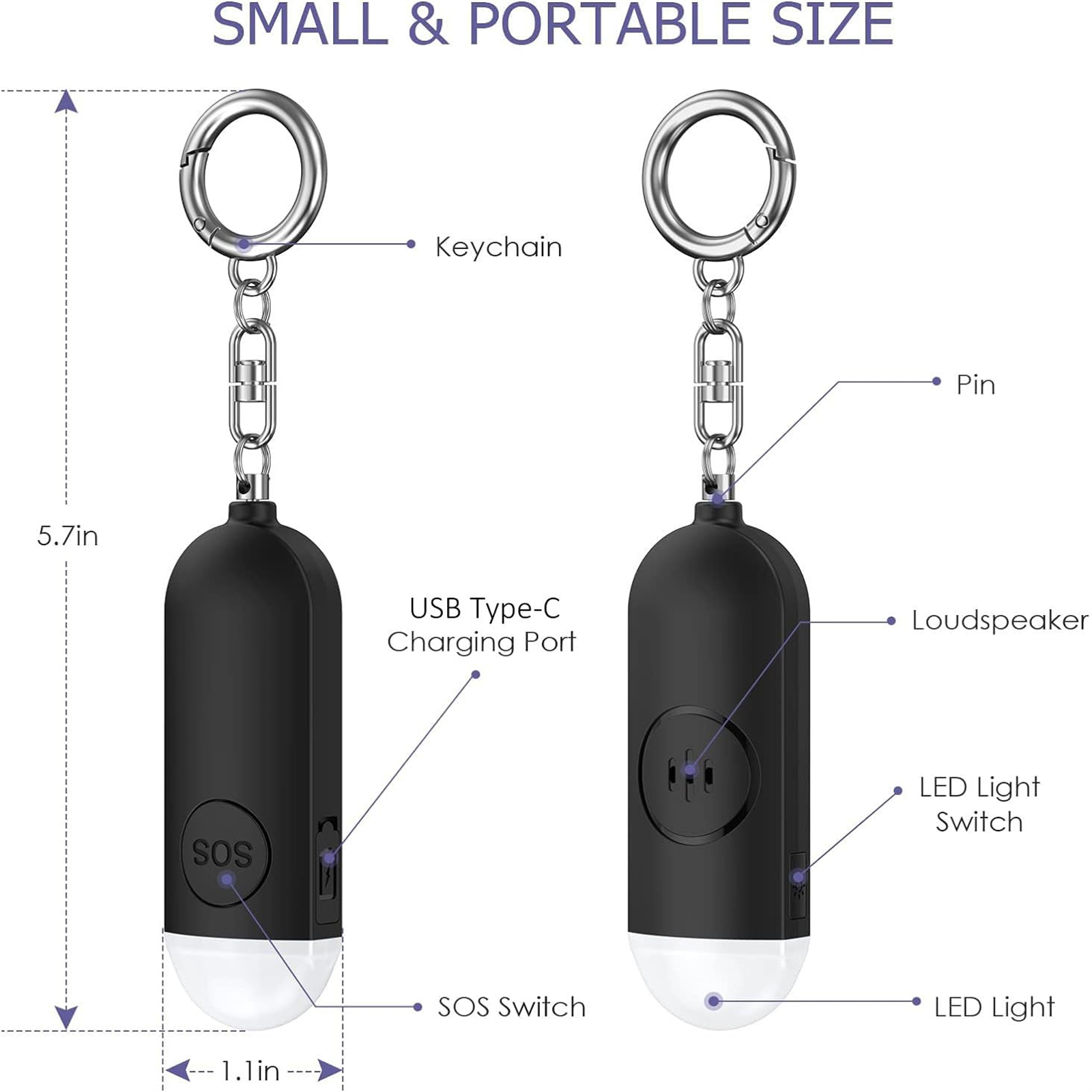 Schwarzer SOS-Alarm-Schlüsselanhänger mit Abmessungen. Er hat eine SOS-Taste und einen USB-Typ-C-Ladeanschluss.