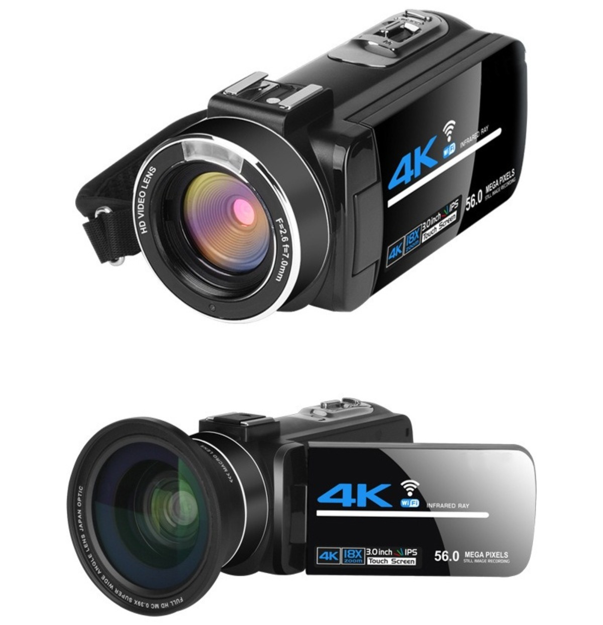 Schwarze 4K-Videokamera mit Touchscreen und verschiedenen Funktionen.