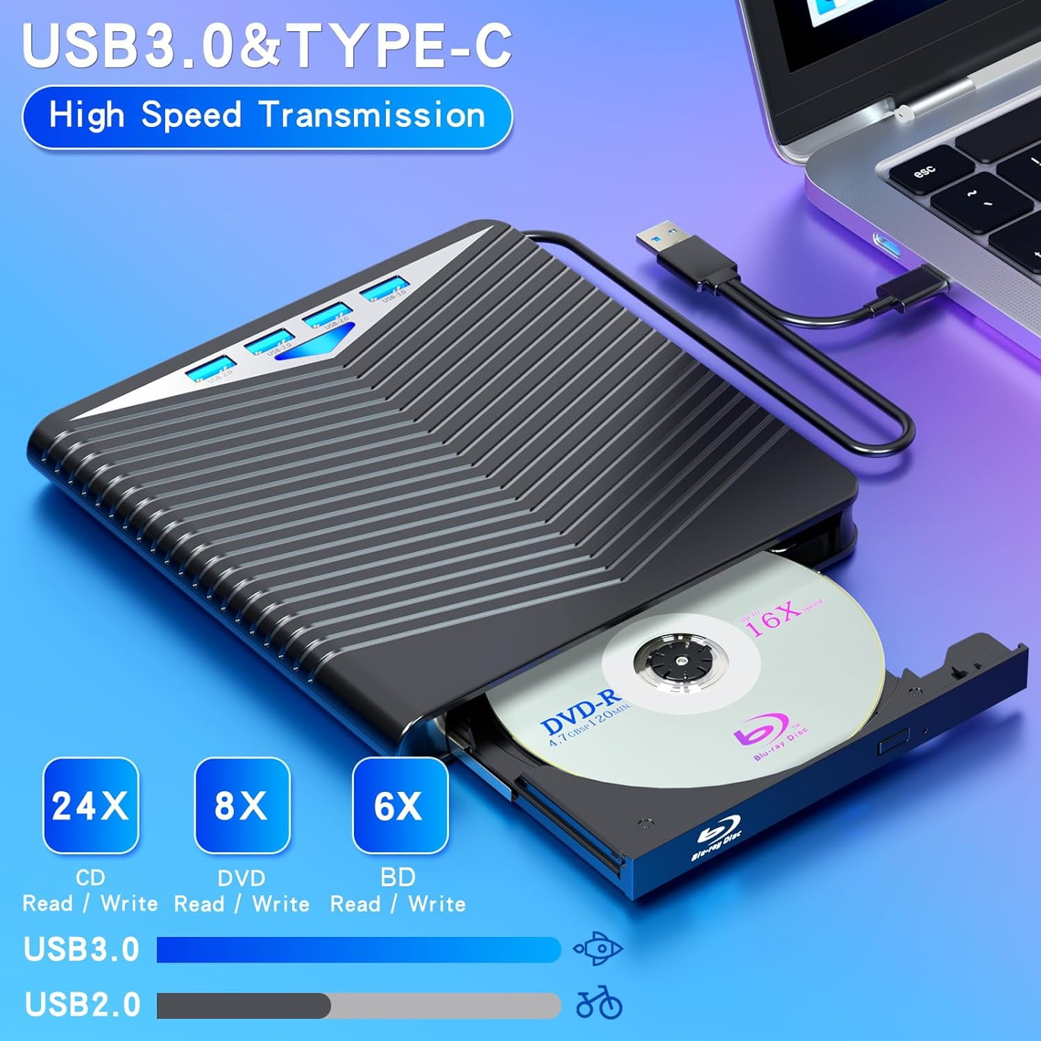 Schwarzes DVD-Laufwerk mit offenem Fach, an einen Laptop angeschlossen. Text sagt USB 3.0 und Typ-C.