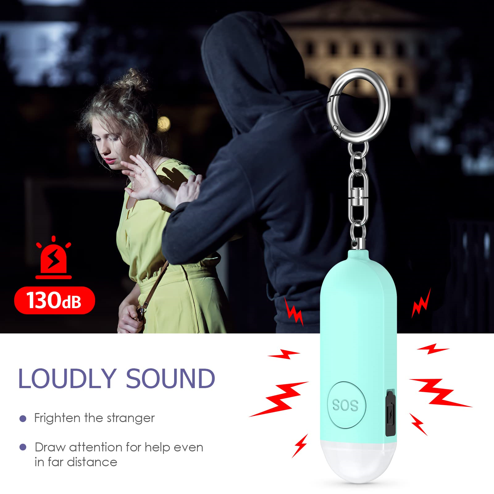 Frau und Angreifer, mit einem Personenalarm.