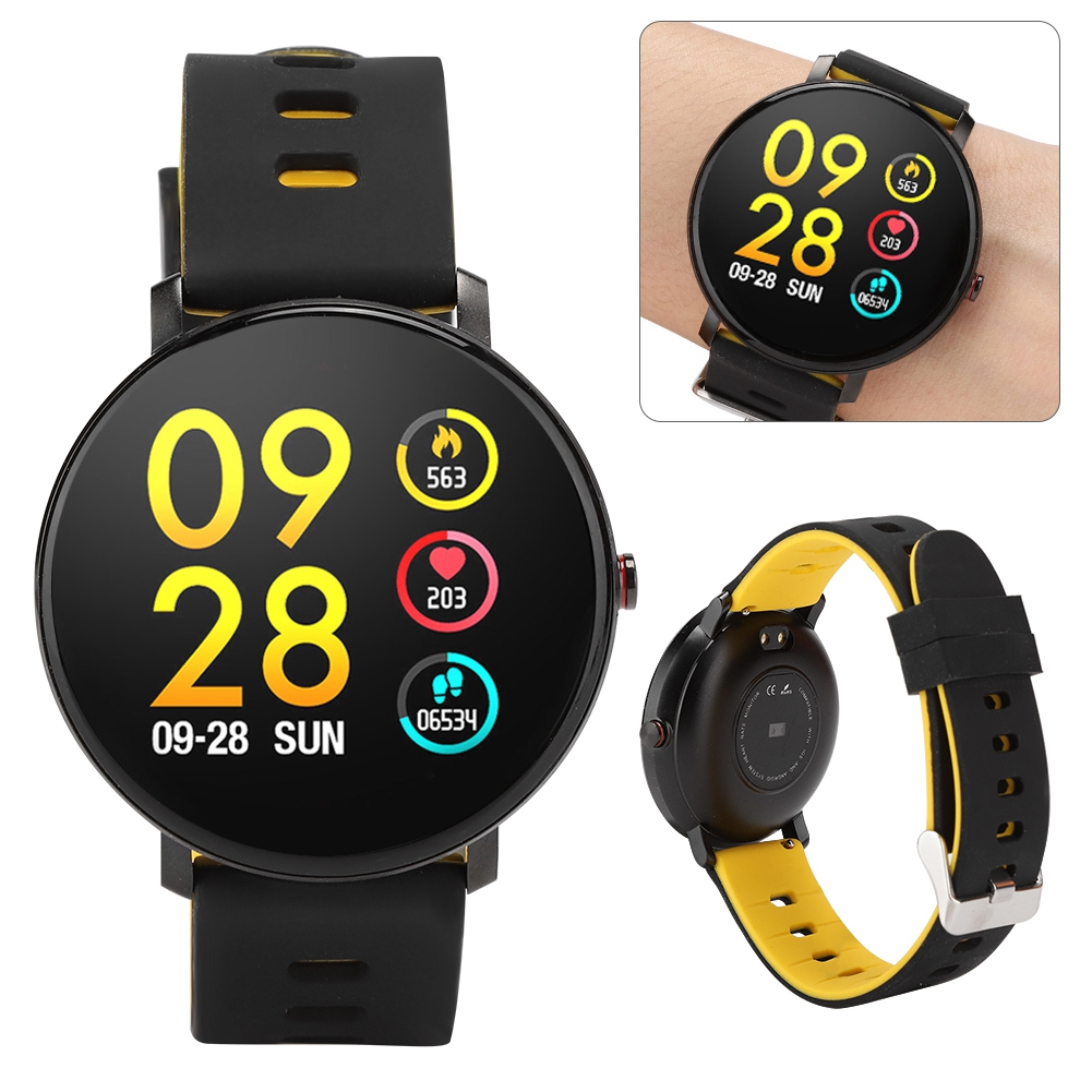 Schwarz-gelbe Smartwatch mit rundem Display, das Zeit, Herzfrequenz und andere Daten anzeigt.