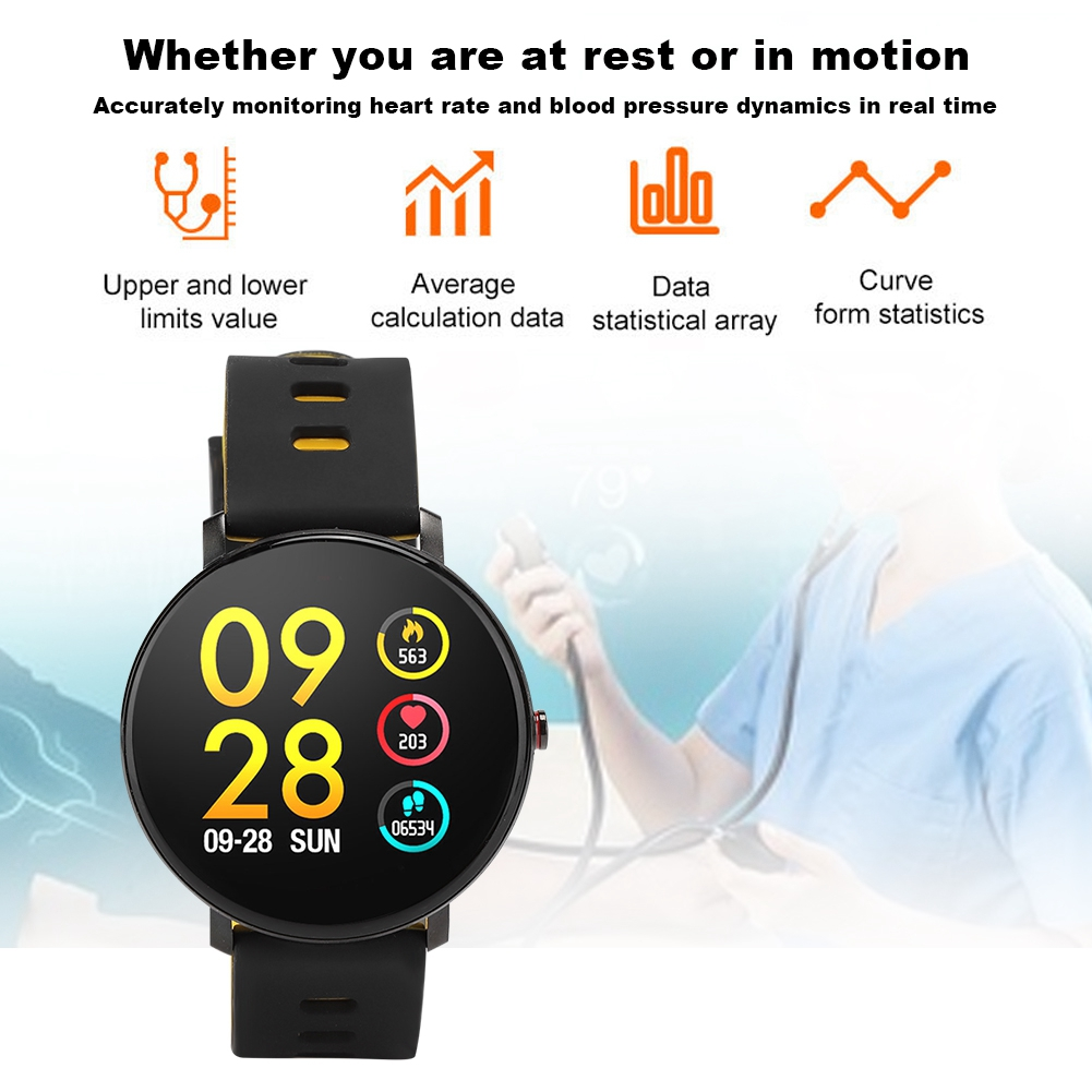 Smartwatch mit Daten, Symbolen und Text, mit Diagrammen und einer Person im Hintergrund.