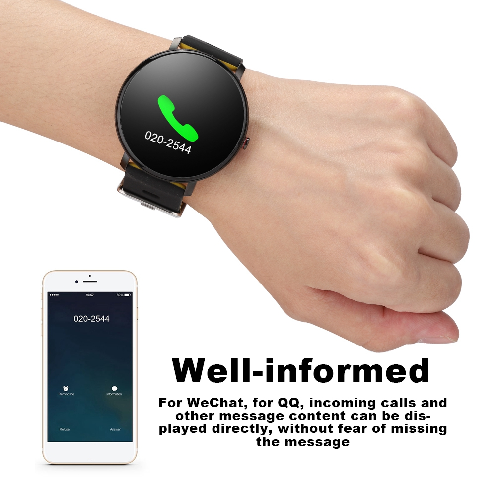 Armbanduhr mit Telefon, das einen Anruf anzeigt. Die Uhr zeigt ein grünes Telefonsymbol und die Nummer 020-2544.