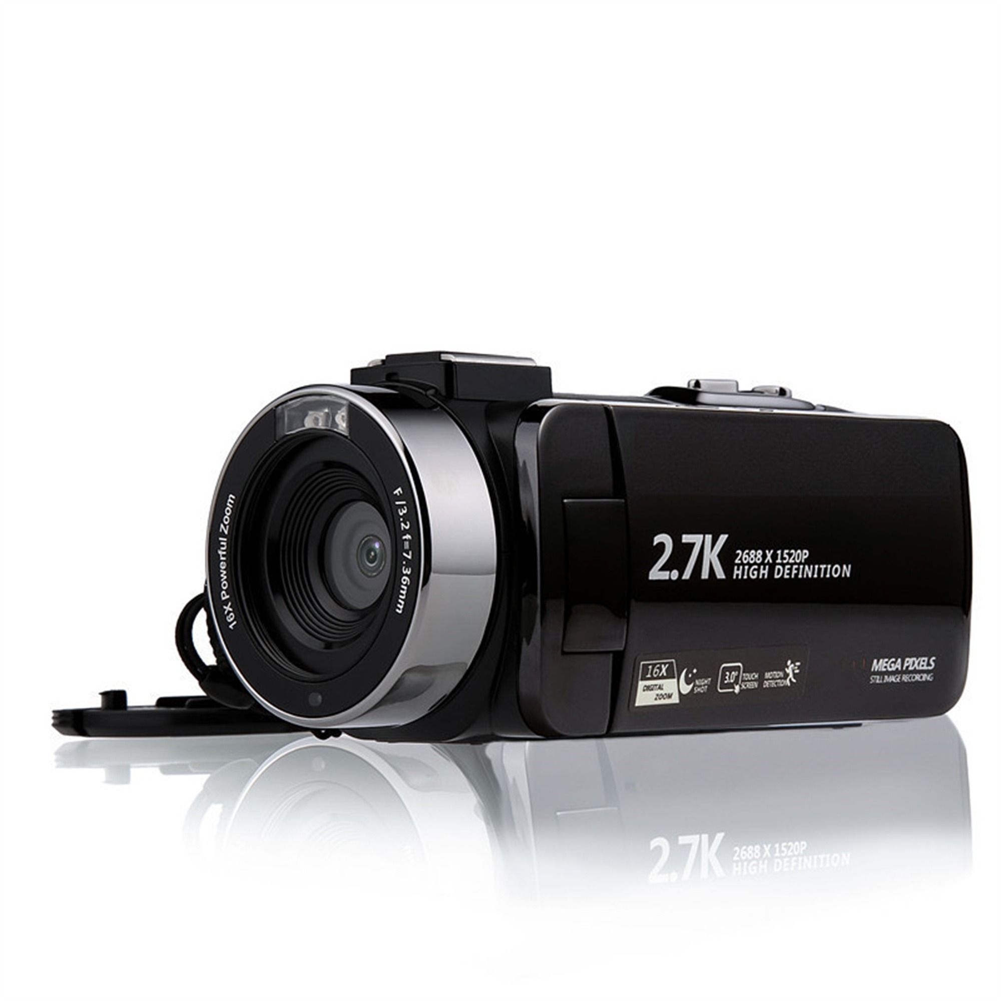 Schwarze Videokamera mit silbernem Objektiv und dem Label 2.7K High Definition.