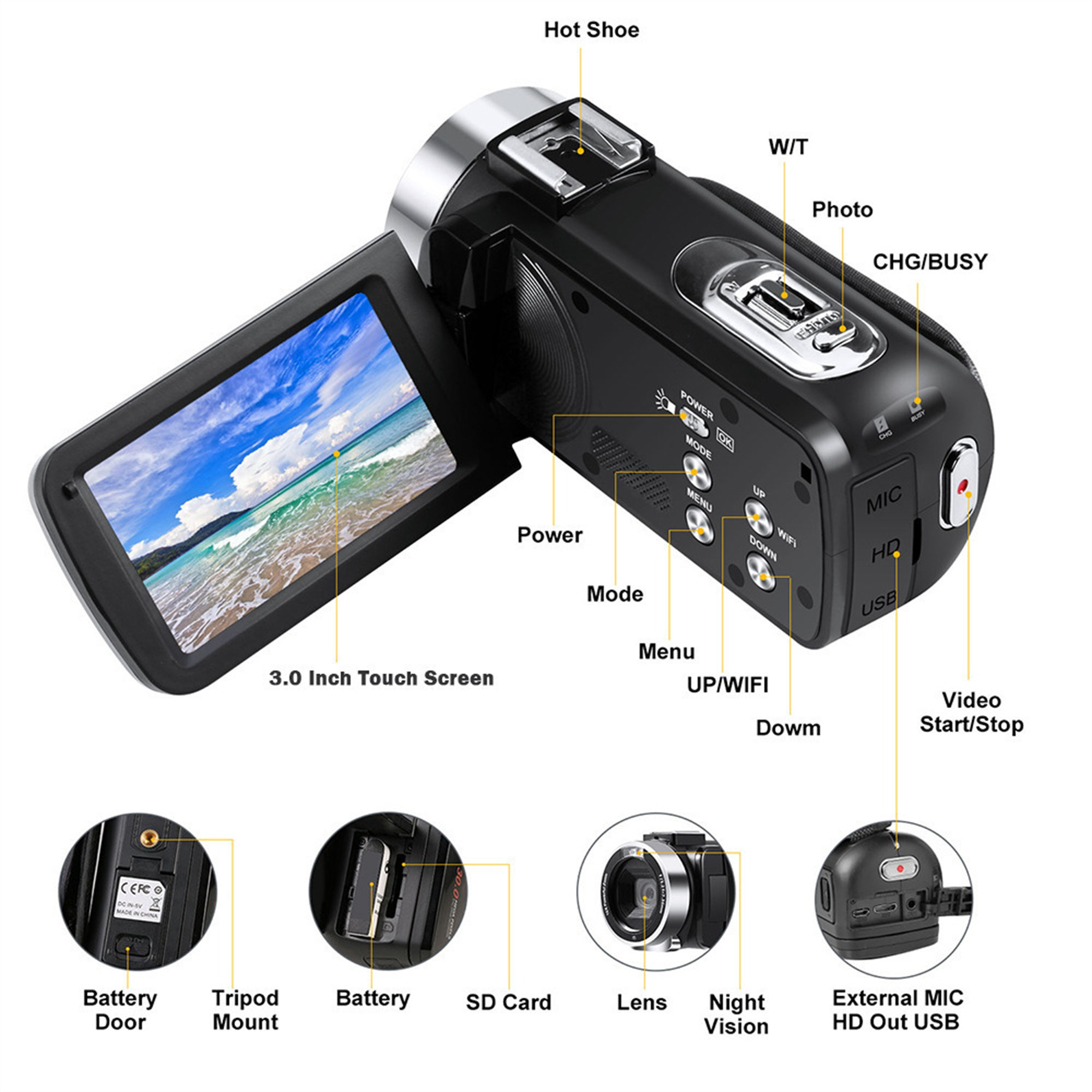 Schwarze Videokamera mit Etiketten. 3,0-Zoll-Touchscreen mit Strandansicht.